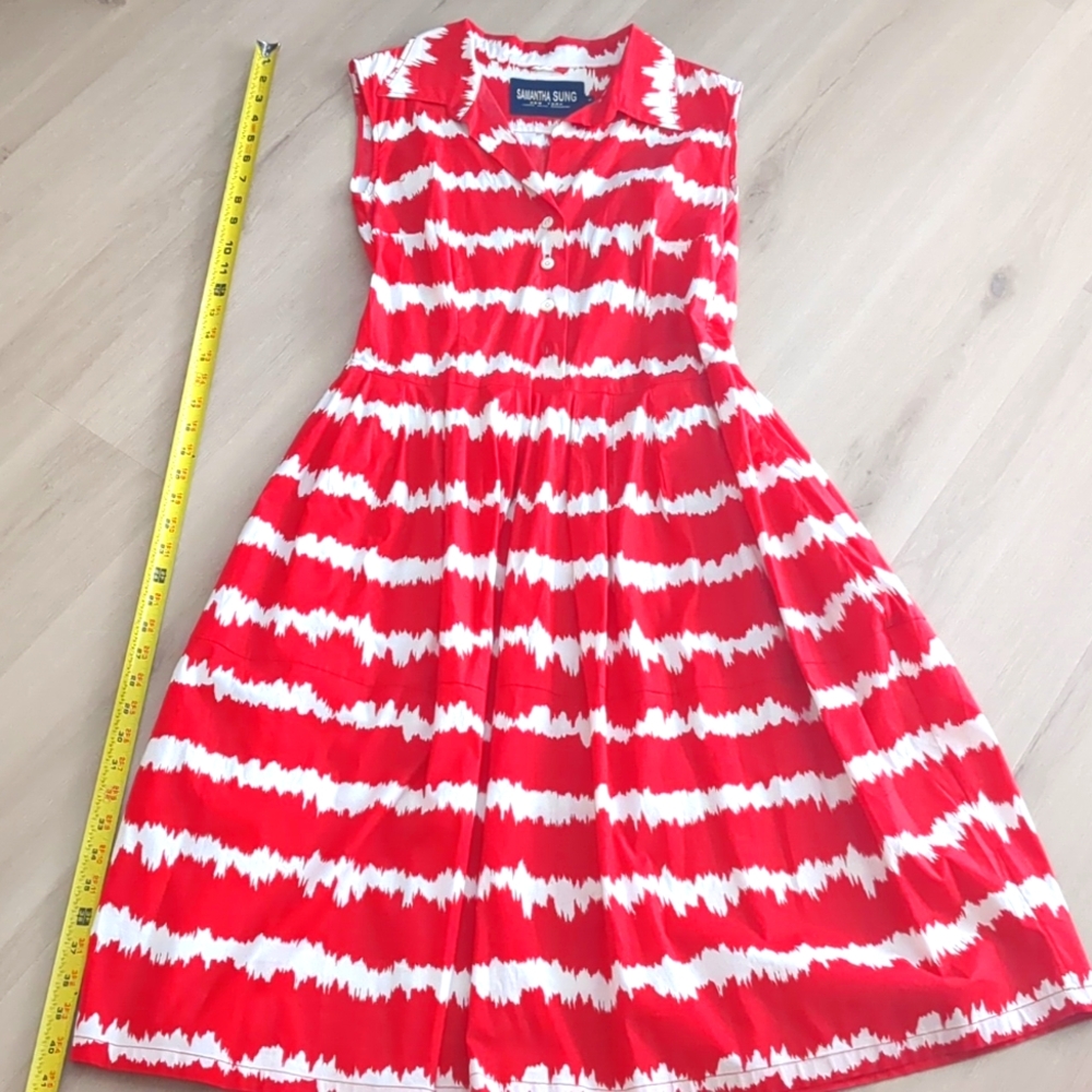 Samantha Sung Sleeveless Shirt Dress Red White 6